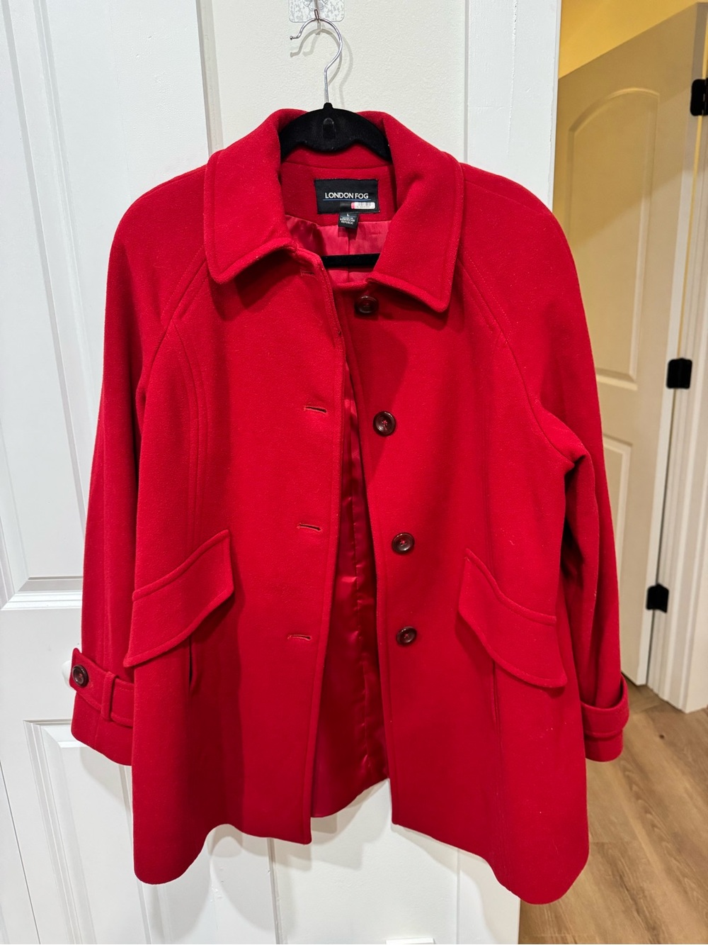 London Fog Red Wool-Blend Pea Coat with Button Front